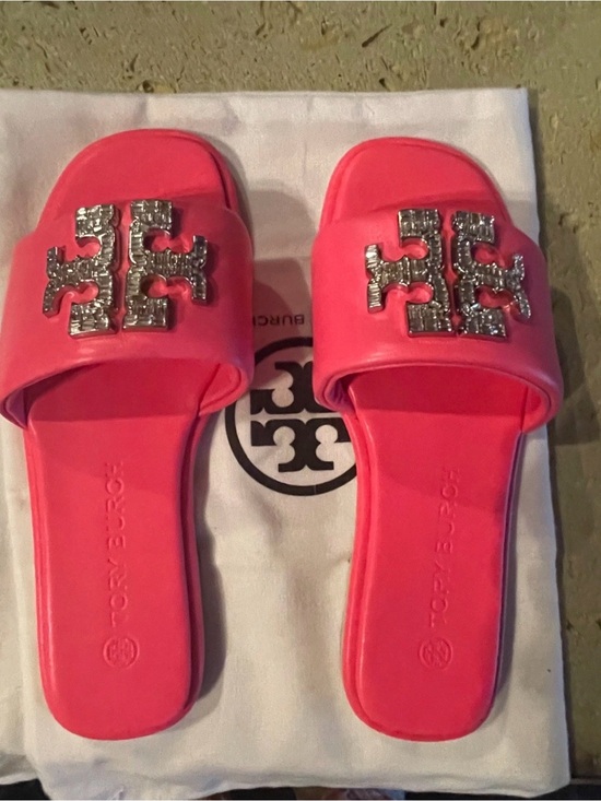 Tory Burch Shoes - Tory Burch Neon Pink Crystal-Embellished Logo Slide Sandals text 5045474637.